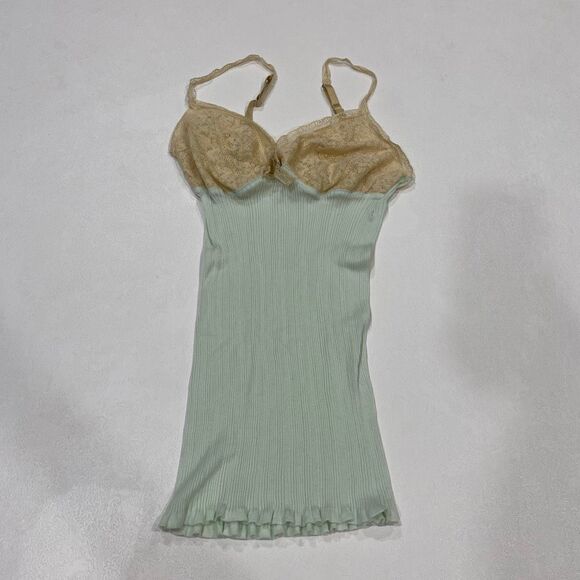 Hanro Lace Trim Slip Dress Chemise Mint Green Beige Size Medium Made in Portugal - Picture 1 of 6